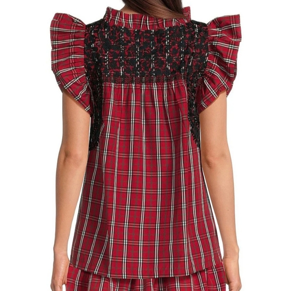 J.Marie Rayna Embroidered Plaid Cap Sleeve Ruffle Neck Top - Picture 2 of 13